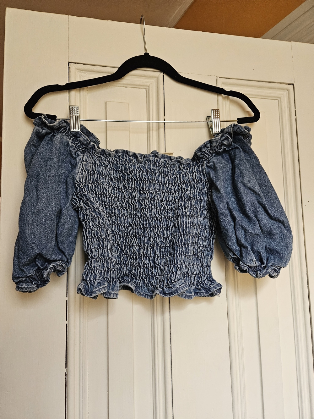 Blue Smocked Denim Crop Top with Ruffle Hem